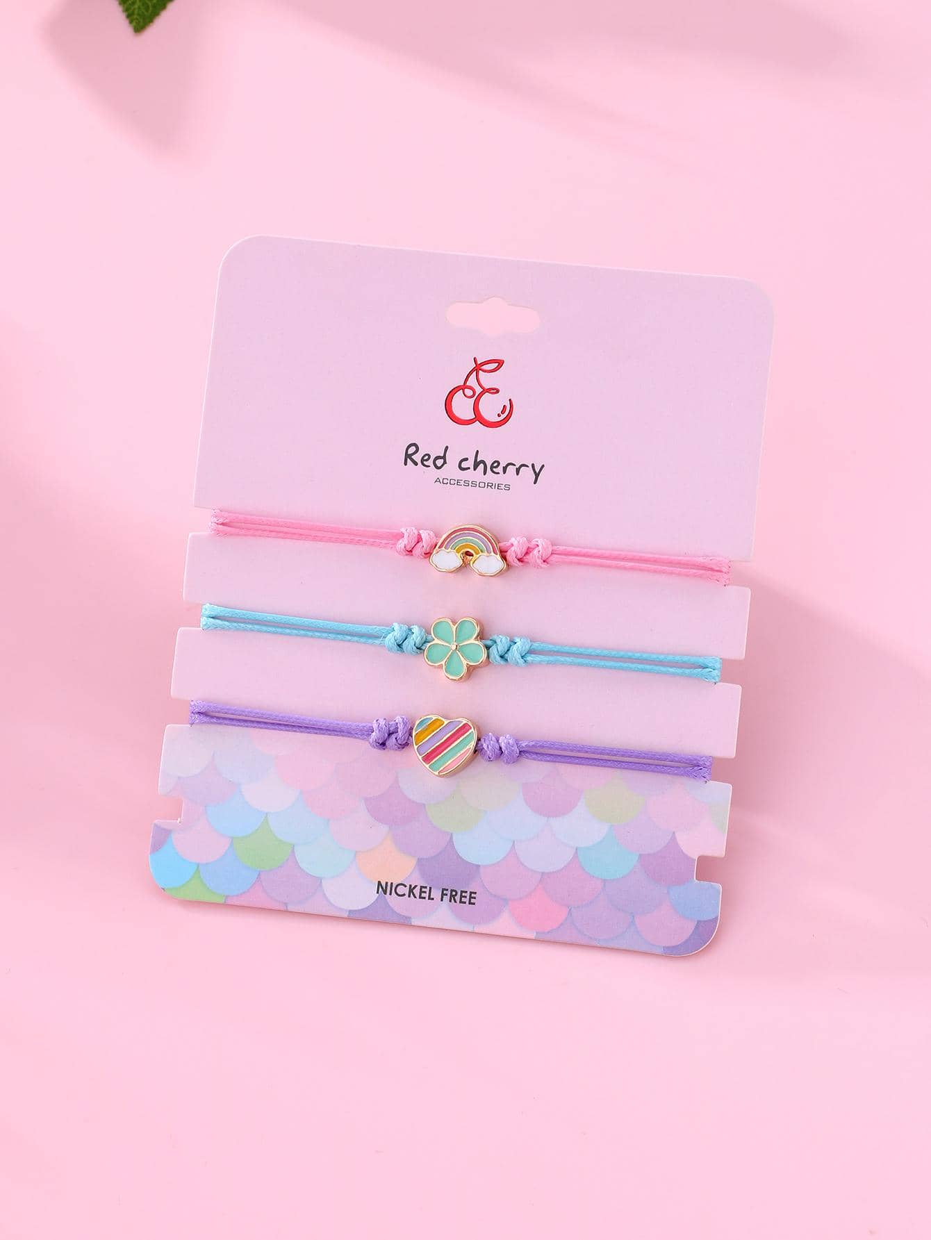 3pcs/set Girls' Rainbow Heart & Flower Shaped Zinc Alloy Multicolor Beaded Wax Cord Bracelet, Suitable For Daily Wear