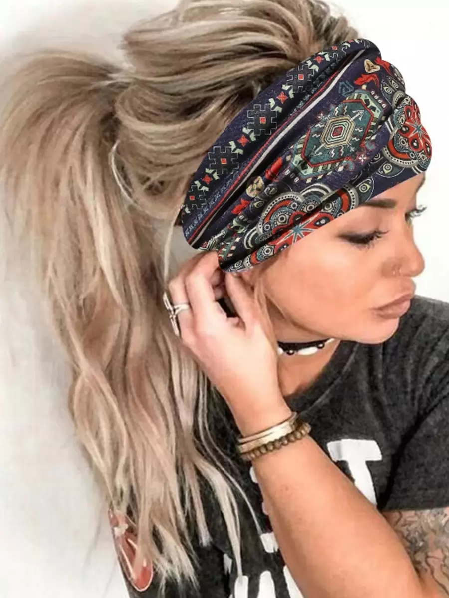 1 pieza Diadema bohemia para mujer con estampado geométrico, para uso en exteriores, gimnasio, accesorios para el cabello, diadema turbante