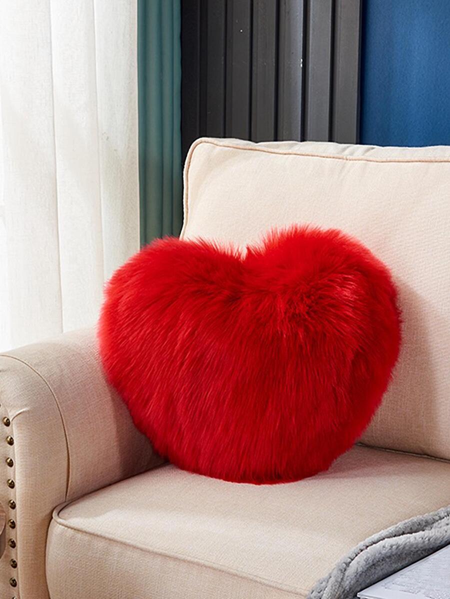 1pc Heart Design Plush Cushion Cover Without Filler, Red Flocking Decorative Pillow Cover, For Home