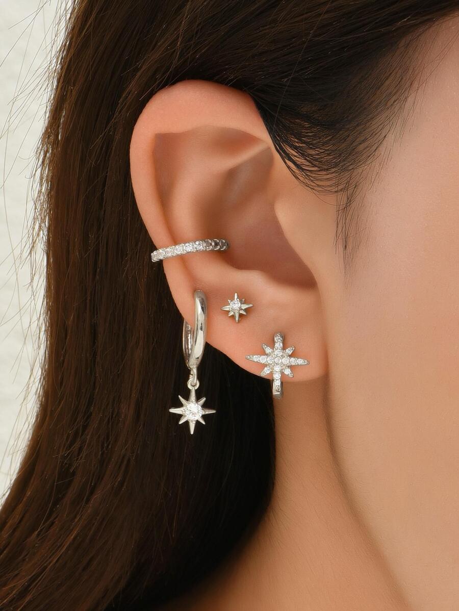 7pcs/set Creative Snowflake Cubic Zirconia Copper Earrings Set For Women, Geometric Design Copper Jewelry