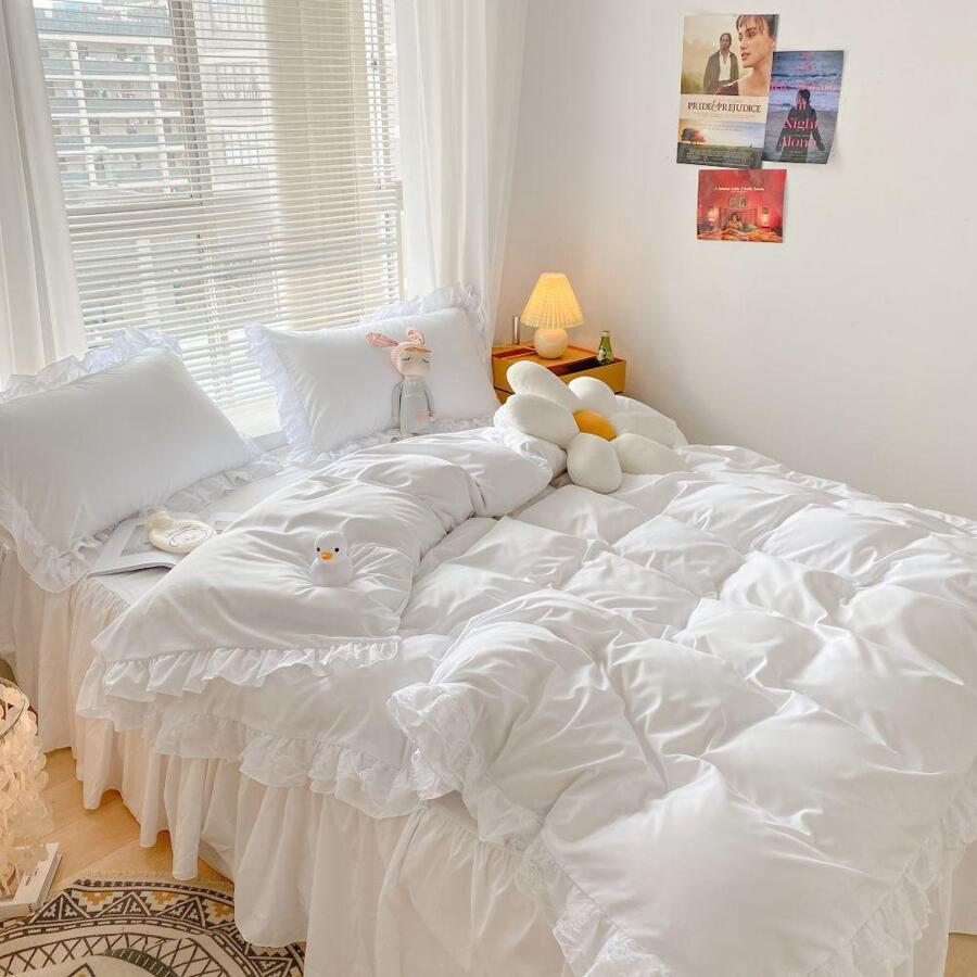 MOOWOO Chic Ruffle Lace Polyester Duvet Cover Set -Girl Pink Bedding-2 Piece Twin Duvet Cover With Zipper Closure -Ultra Soft And Light Weight