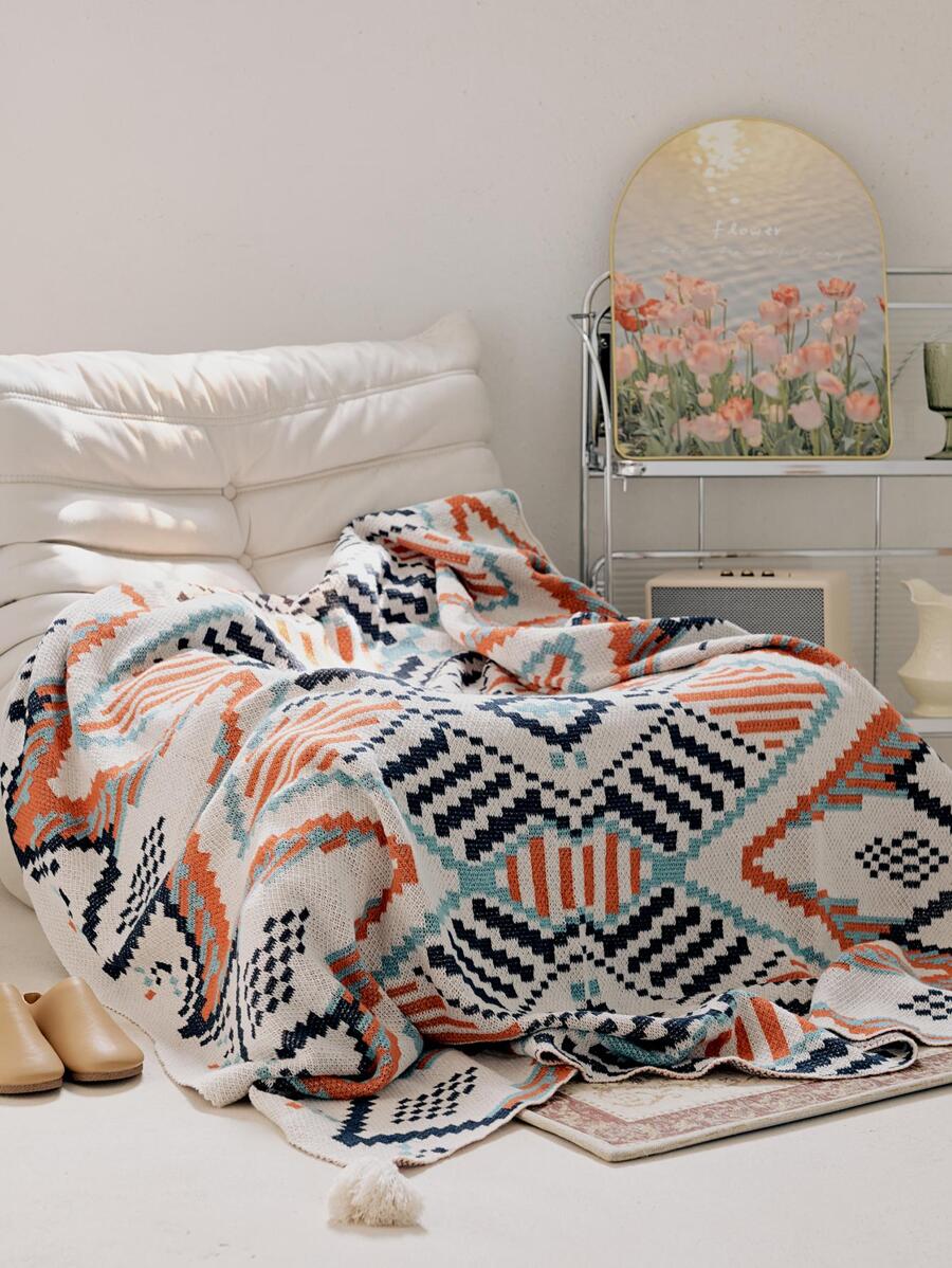 1pc Geometric Pattern Tassel Decor Blanket, Modern Knitted Fabric Blanket For Bed For Living Room