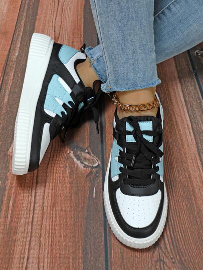 Women Colorblock Lace-up Front Skate Shoes, Sporty Sneakers