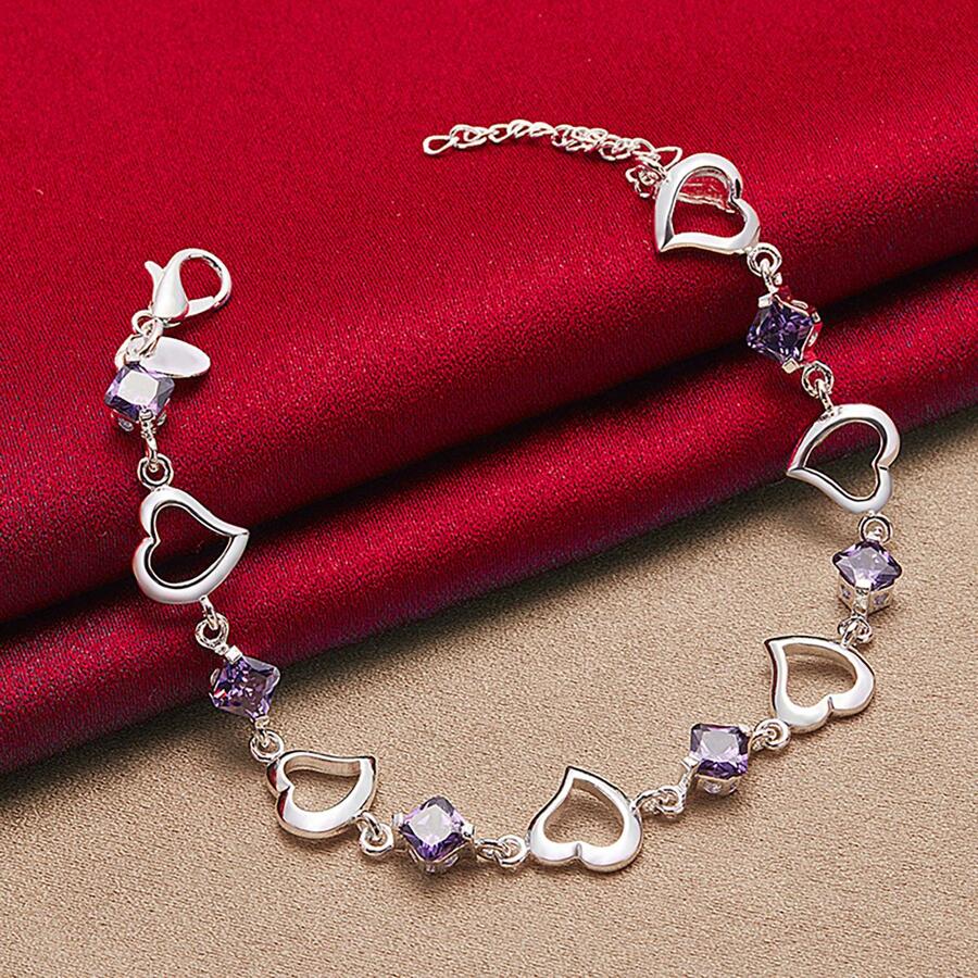 Pulsera de plata de ley 925 con corazón y circonita púrpura para mujer, joyería, regalo de compromiso, Navidad