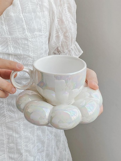 2pcs Solid Color Mug & Flower Design Saucer, Modern Porcelain Mug Set For Home, Office