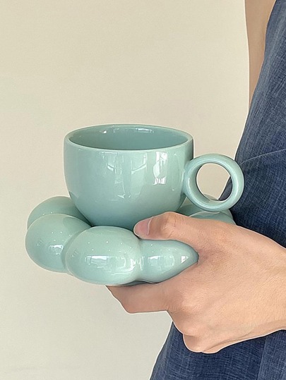 2pcs Solid Color Mug & Flower Design Saucer, Modern Porcelain Mug Set For Home, Office