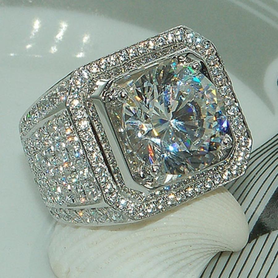 1Pc Glamorous Rhinestone Decor Geometric Design Ring For Men For Party Silver Fashionable Popular Jewelry Gift Party