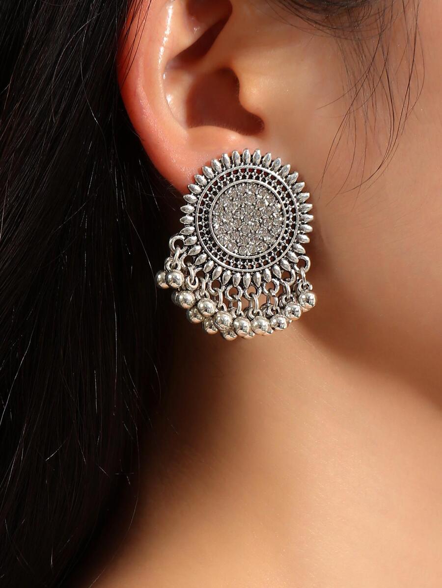 1pair Exaggerated Vintage Carved Sunflower Shaped Earrings With Rhinestone Decoration, Bohemian Style For Party And Fashionable Ladies Valentines,Mom,Mother,Mother's Day,Gift