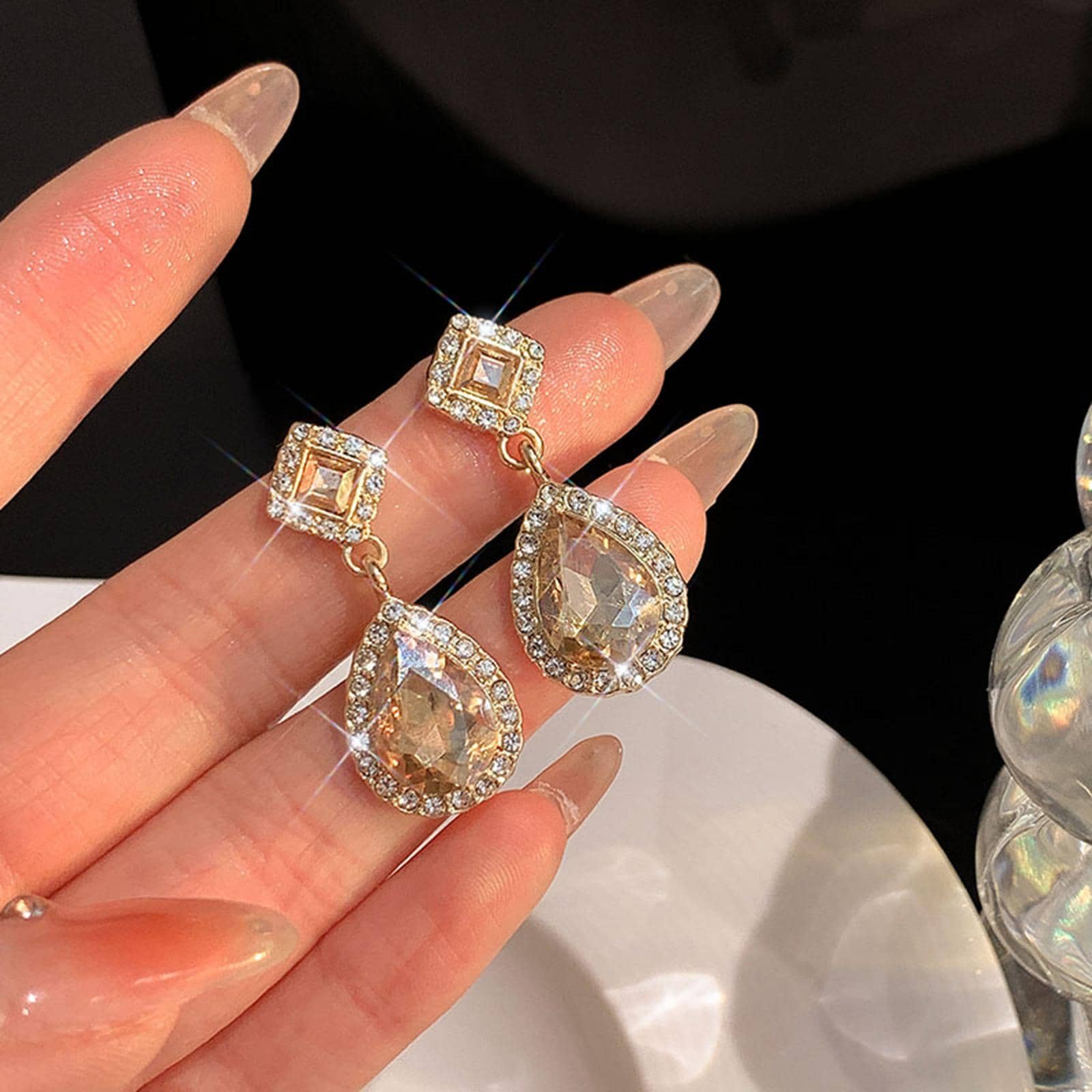 1 par de brincos de gota d'água com strass champanhe glamurosos para mulheres para festa de casamento joias presente de dia dos namorados namorados, mãe, mãe, dia das mães, presente