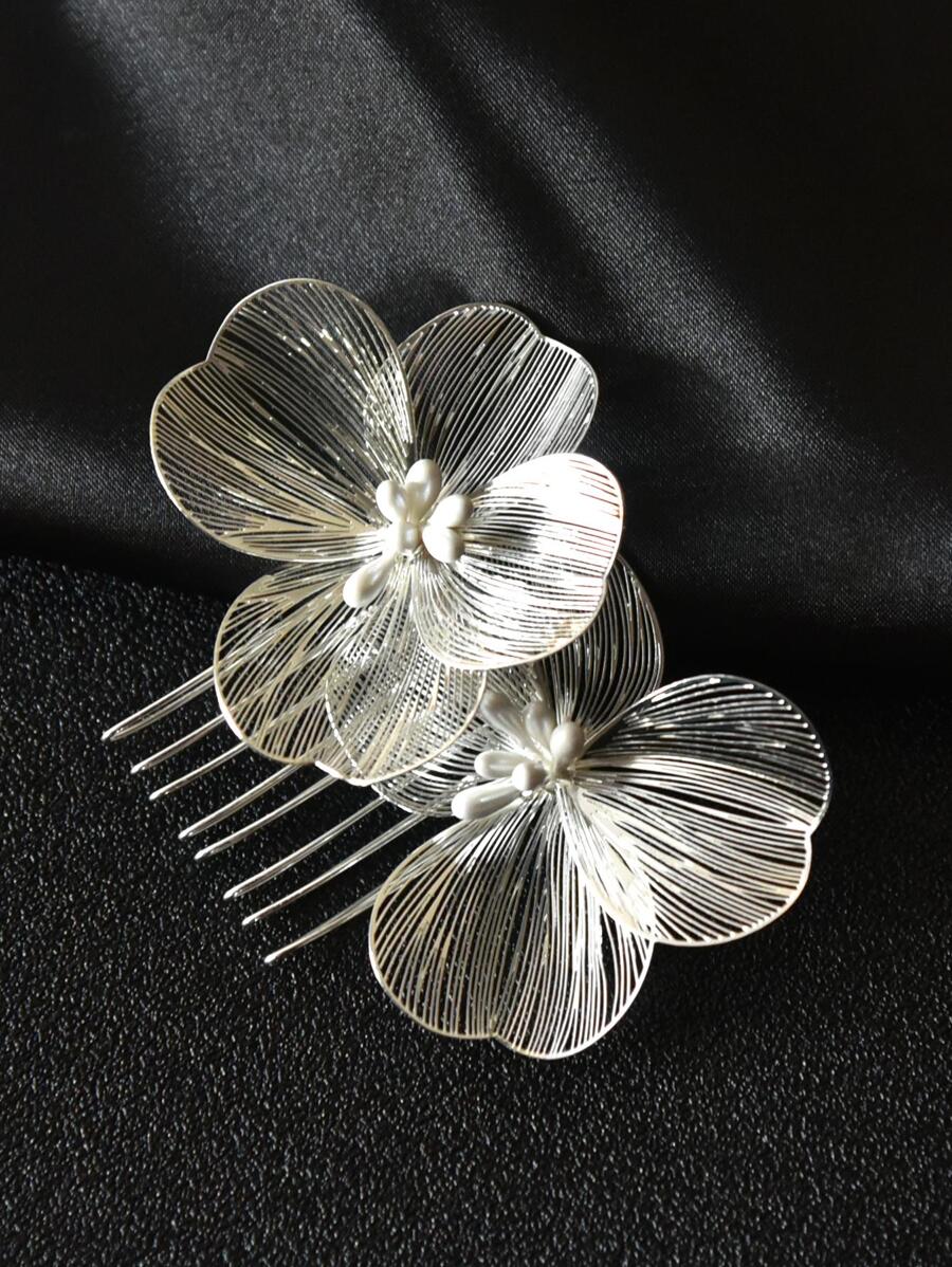 1pc Women's Silver Alloy Flower Shaped Hair Comb For Bridal Wedding, Party And Gathering Elegant Valentine's Day Valentines,Hair Accessories,Bride Hair Styling, Side Comb