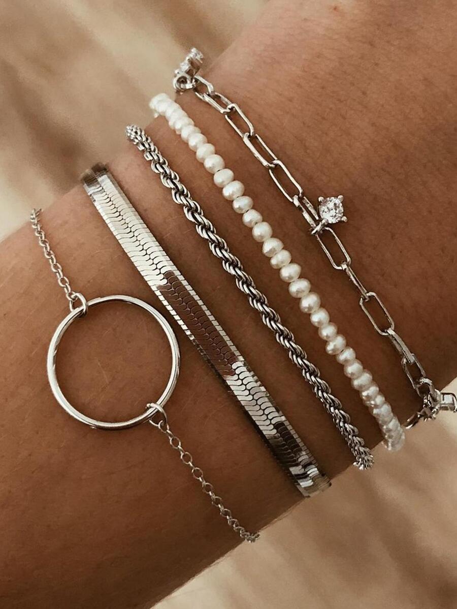 Conjunto De 5 Pulseiras Charmosas De Moda Em Aço Inoxidável Decoradas Com Pérolas Falsas, Zircônia Cúbica Para Decoração Diária De Mulheres