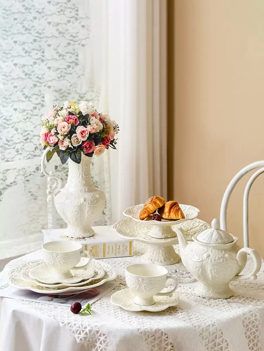 1 pièce ensemble théière et tasse en céramique à design de style de cour, vaisselle de maison pour le thé de l'après-midi, fournitures scolaires, cadeau de Noël