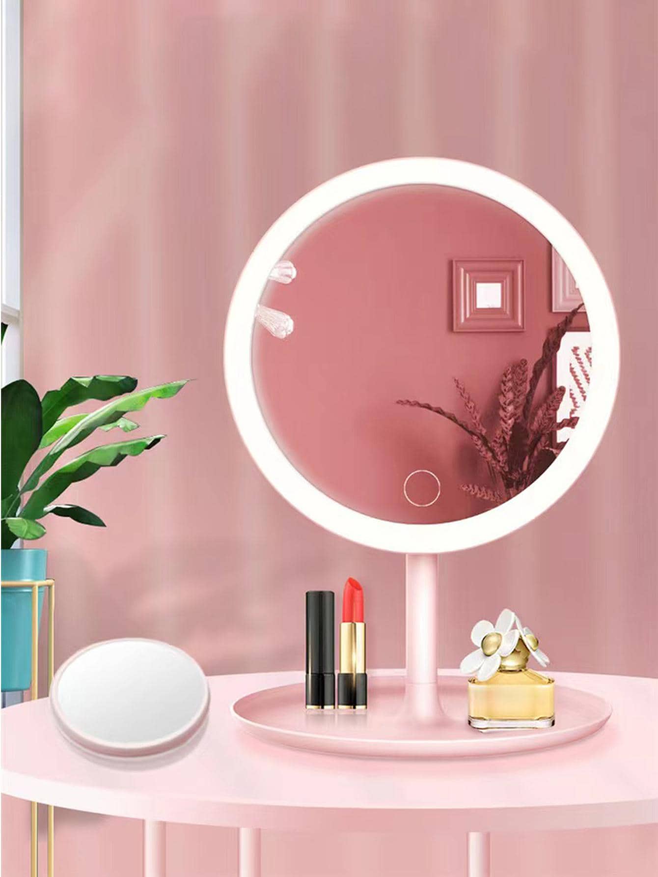 1pc ABS Vanity Light, Casual Pink Rechargeable Round Makeup Mirror Light For Household