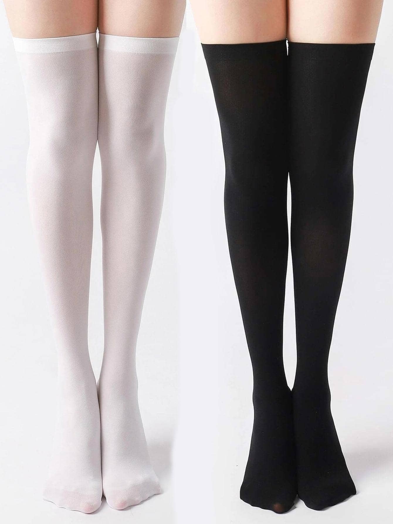 1/2 Pairs Solid Black/White Over-The-Knee Stockings For Women