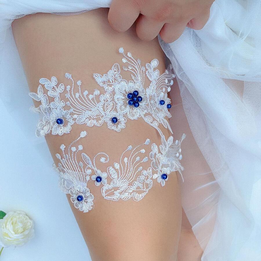 1 pieza Liguero nupcial con adorno de encaje azul y perla artificial > Pulseras de tobillo de moda nupcial