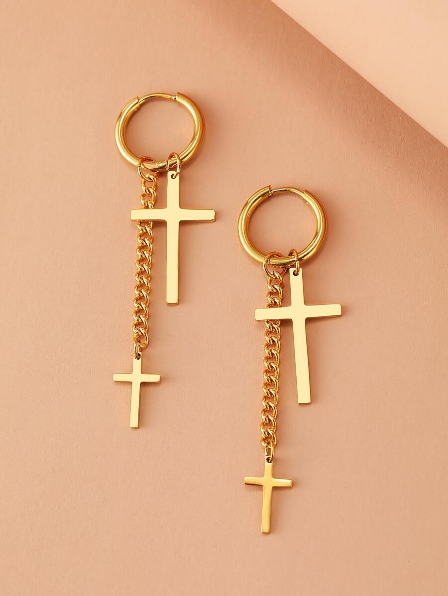 Aomogo Boucles d'oreilles en acier inoxydable à la mode style punk hip hop gothique unisexe avec deux pendentifs en chaîne croisée couleur or pour femmes, cadeaux bijoux