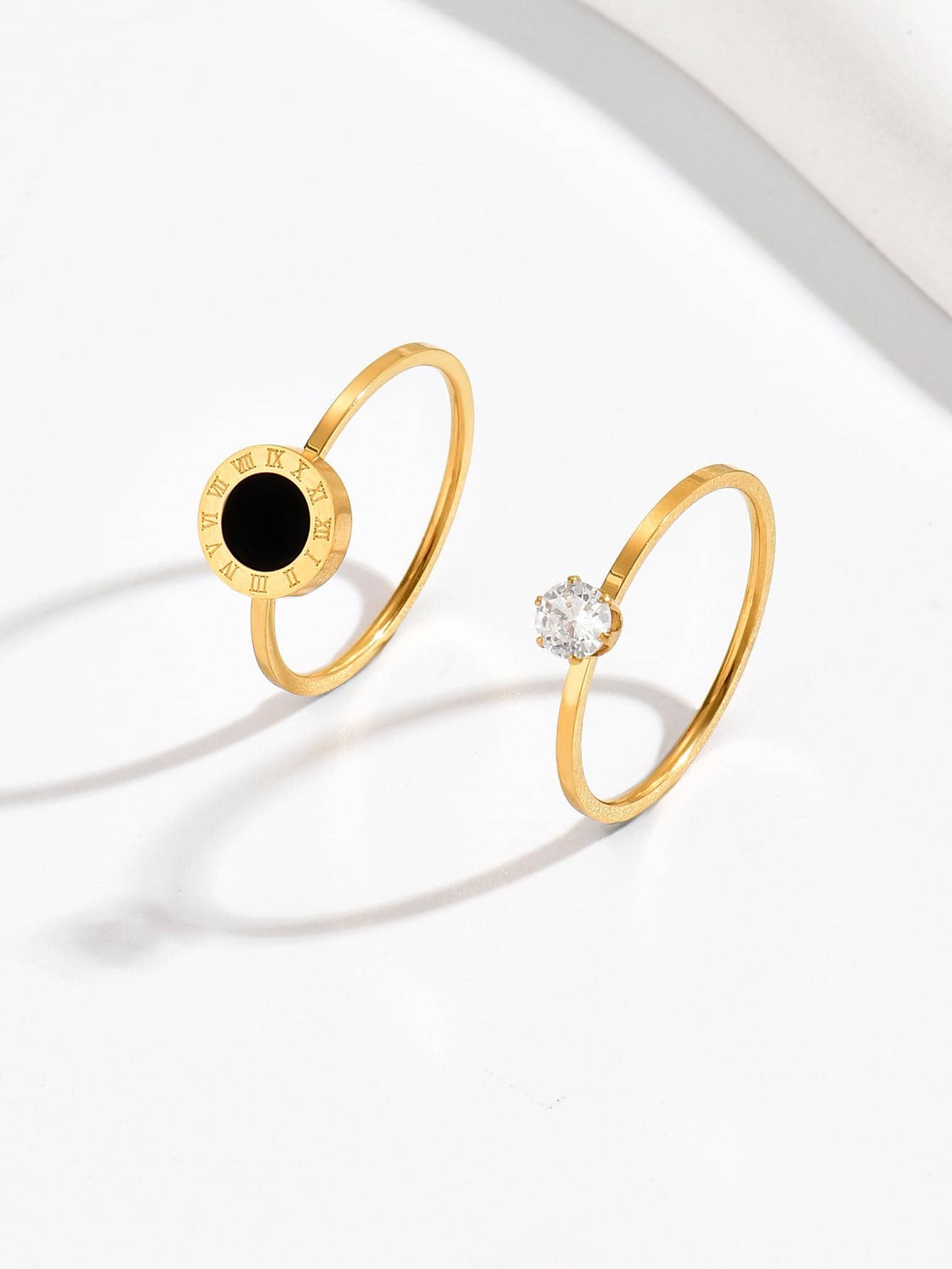 2 pièces/set Anneau à la mode en acier inoxydable zircone cubique & à détail rond pour femme pour décoration quotidienne