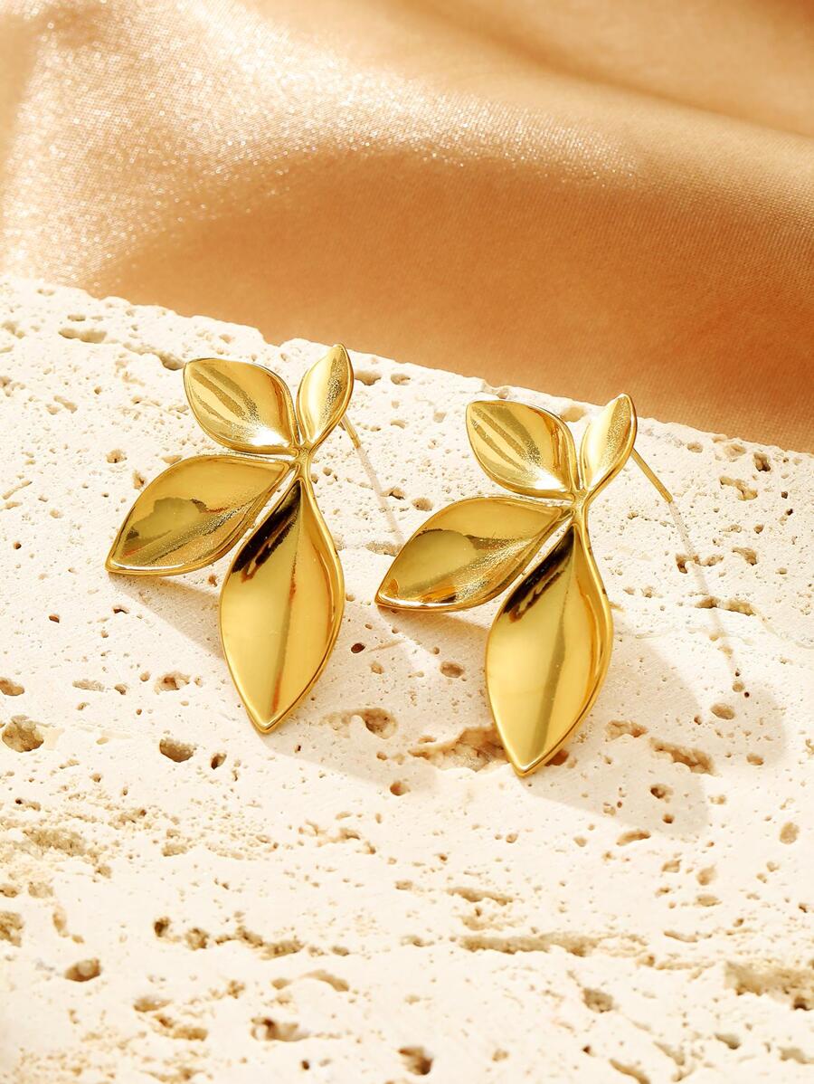 1 Paar goldene Edelstahl Blatt-Blumen Ohrstecker, geeignet für den täglichen Gebrauch