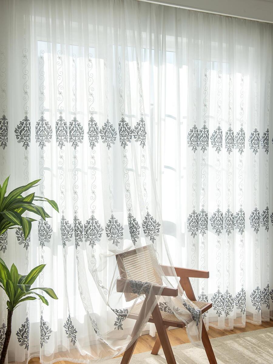 Embroidered Detail Single Panel Sheer Curtain, Modern Polyester Light Filtering Sheer Curtain For Household