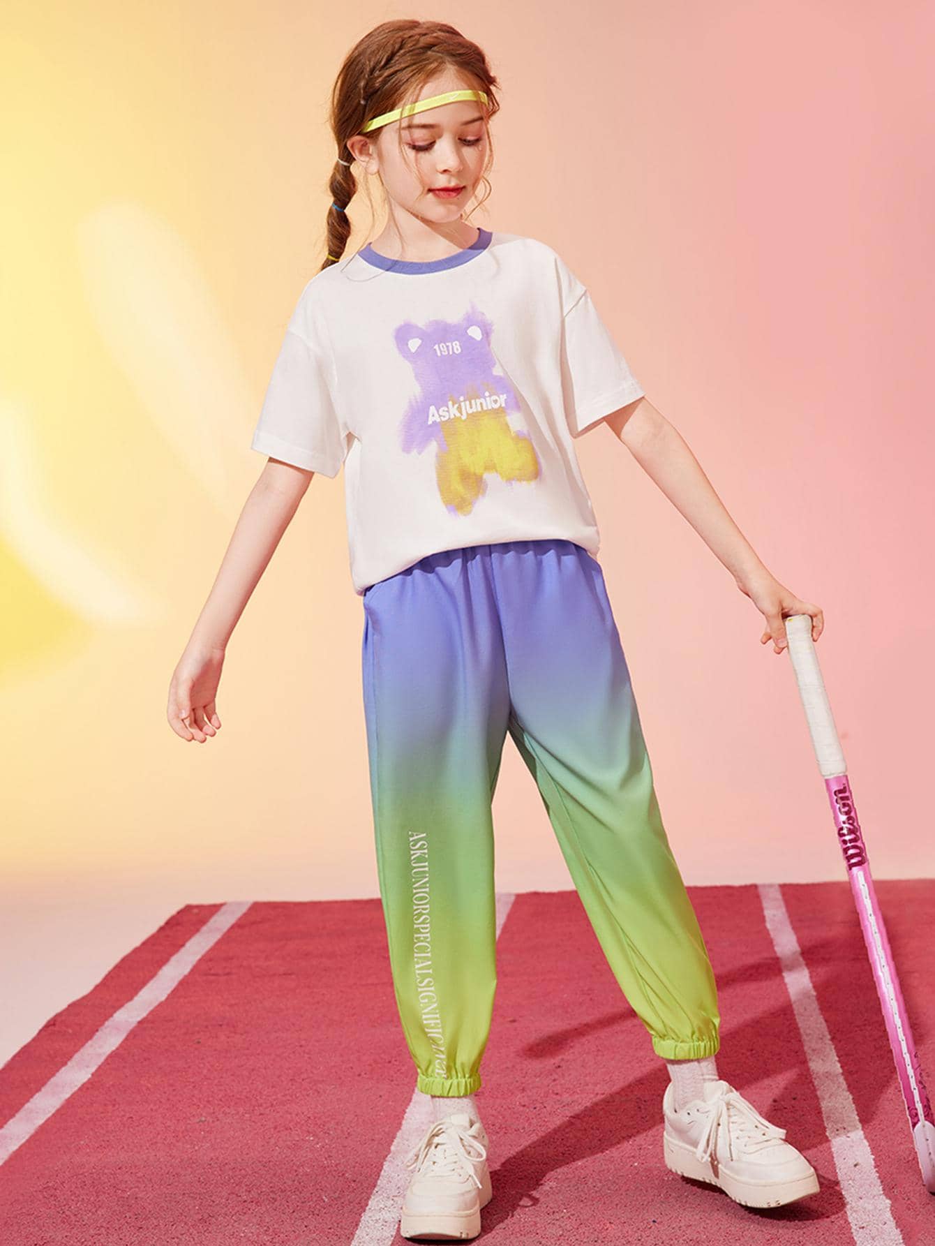 Girls Bear Print Contrast Trim Tee & Ombre Sweatpants Set