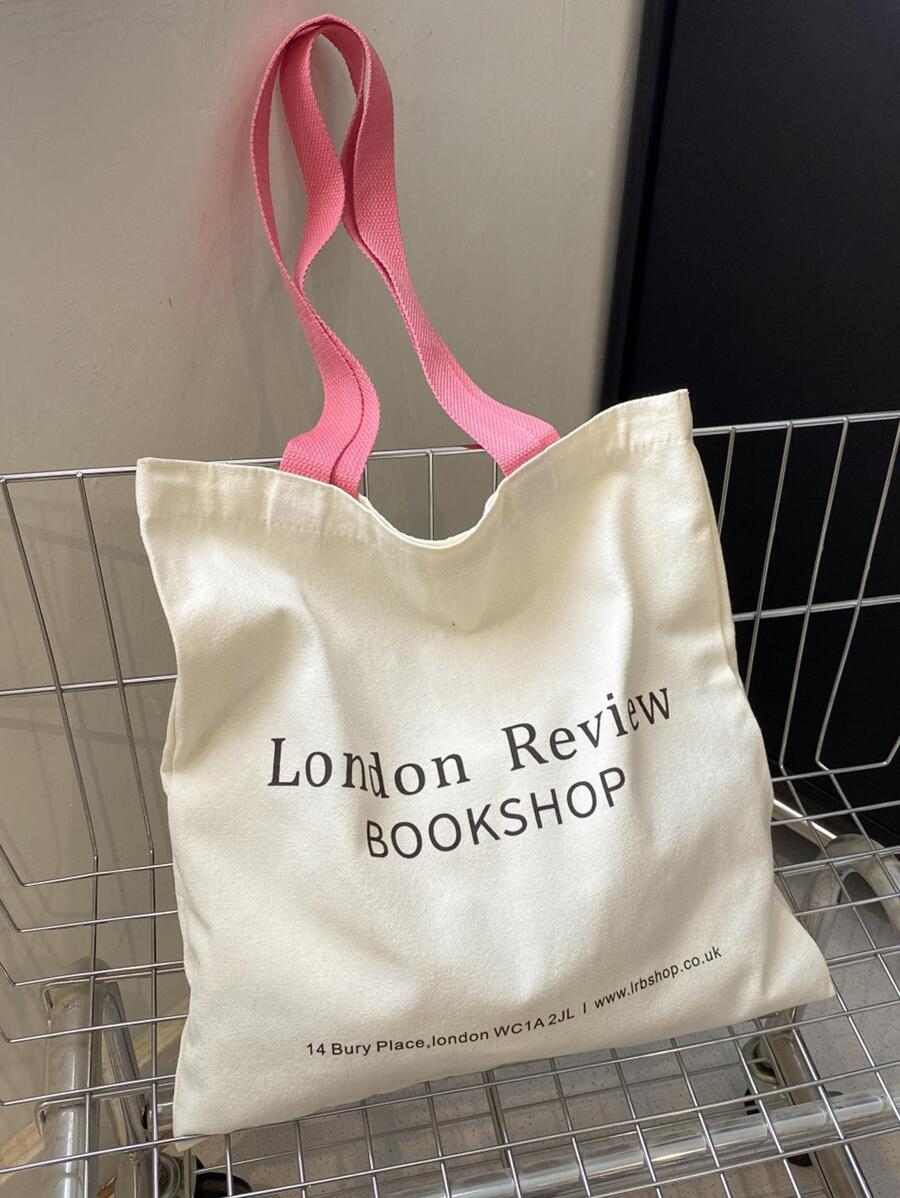 Bolsa de compras con diseño de letra, de bloques de color sin cierre, de moda, ligera y portátil, adecuada para adolescentes, mujeres, estudiantes universitarias, perfecta para volver a la escuela, la universidad, la escuela secundaria y la preparatoria