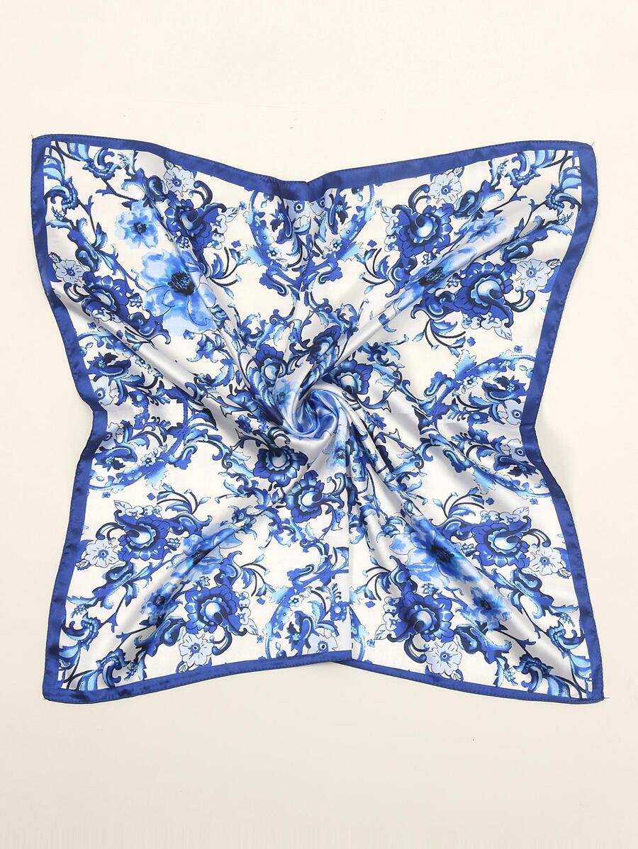 1 Peça Lenço de Seda Fashion Feminina Anos 60 Com Padrão de Flores de Ameixa em Tinta Azul, Versátil para uso Diário, Decoração de Bolsas ou Lenço Bandana, Faixa de Cabelo, Ideal para Dar Um Toque de Estilo ao Seu Visual