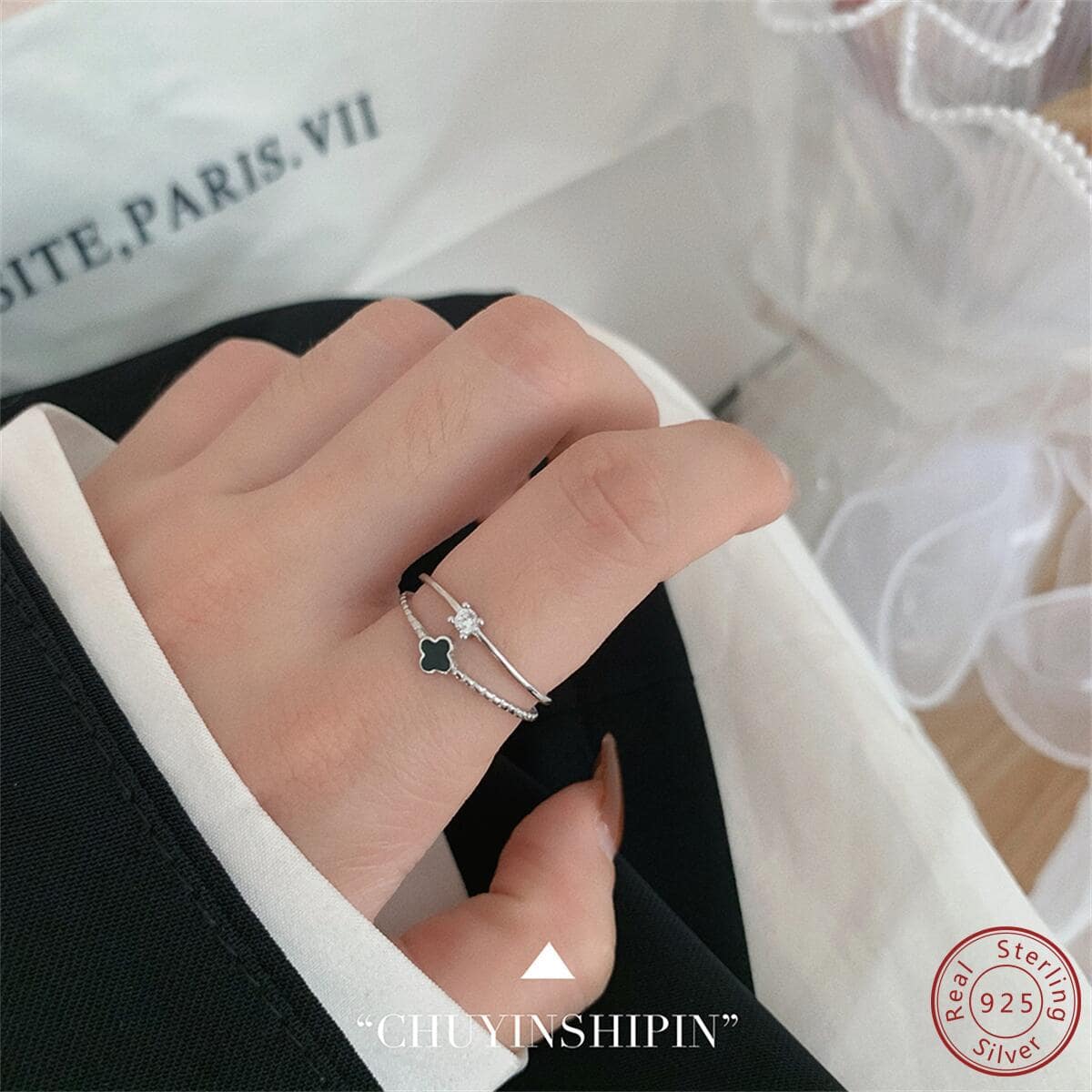 Fashionable Rhinestone & Four-Leaf Clover Decor Sterling Silver Cuff Ring For Women For Gift Valentines
