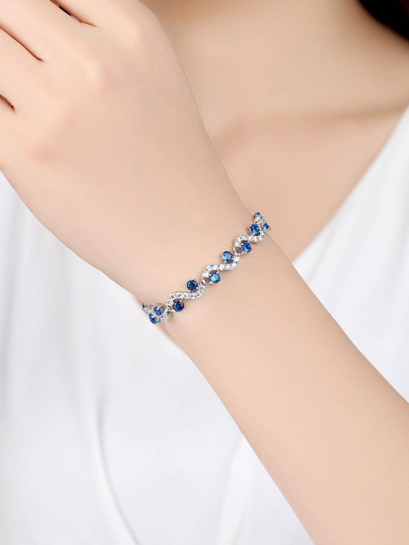 Blue Gemstone Silver Plated Bracelets 1pc Luxury Bridal Wedding Jewelry Cubic Zirconia Women Bracelets Engagement Anniversary Gift For Girlfriend Wife