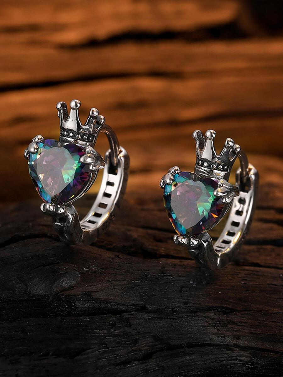 Brincos Argola com Decoração de Coração e Coroa de Cubic Zircônia, Dia dos Namorados, Mamãe, Mãe, Dia das Mães, Presente