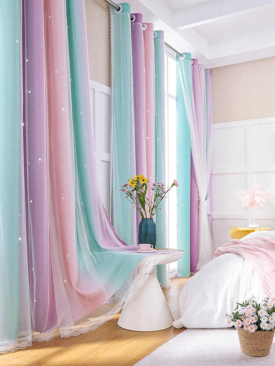 1pc Lace Curtain, Modern Double Layer Blackout Curtain For Home Decor