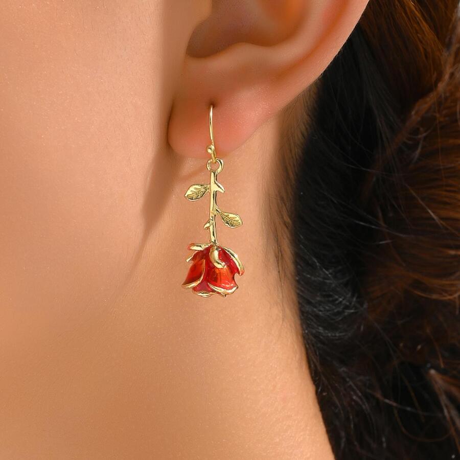 1Pair Romantic Lovely Earrings Metallic Rose Flower Red Enamel Creative Punky Drop Earrings For Holiday Party Dating Valentines,Mom,Mother,Mother's Day,Gift
