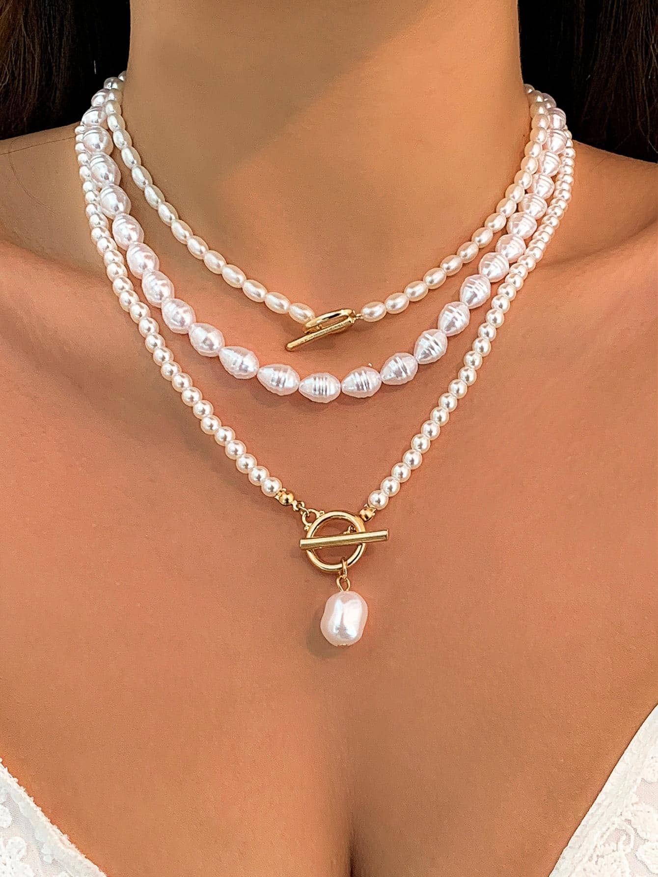 2pcs/Set Exquisite Faux Pearl Decor Geometric Pendant Necklace For Women For Party
