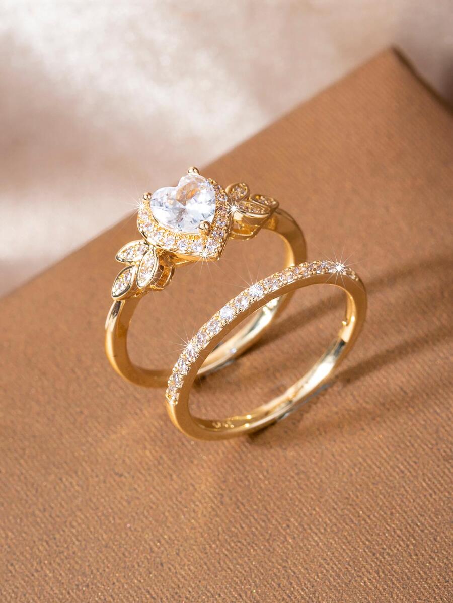2pcs/ Set Elegant Heart Shaped Women's Ring Set, Suitable For Valentine's Day Holiday Party Daily Wear, Shiny And Chic Accessories( No Box)