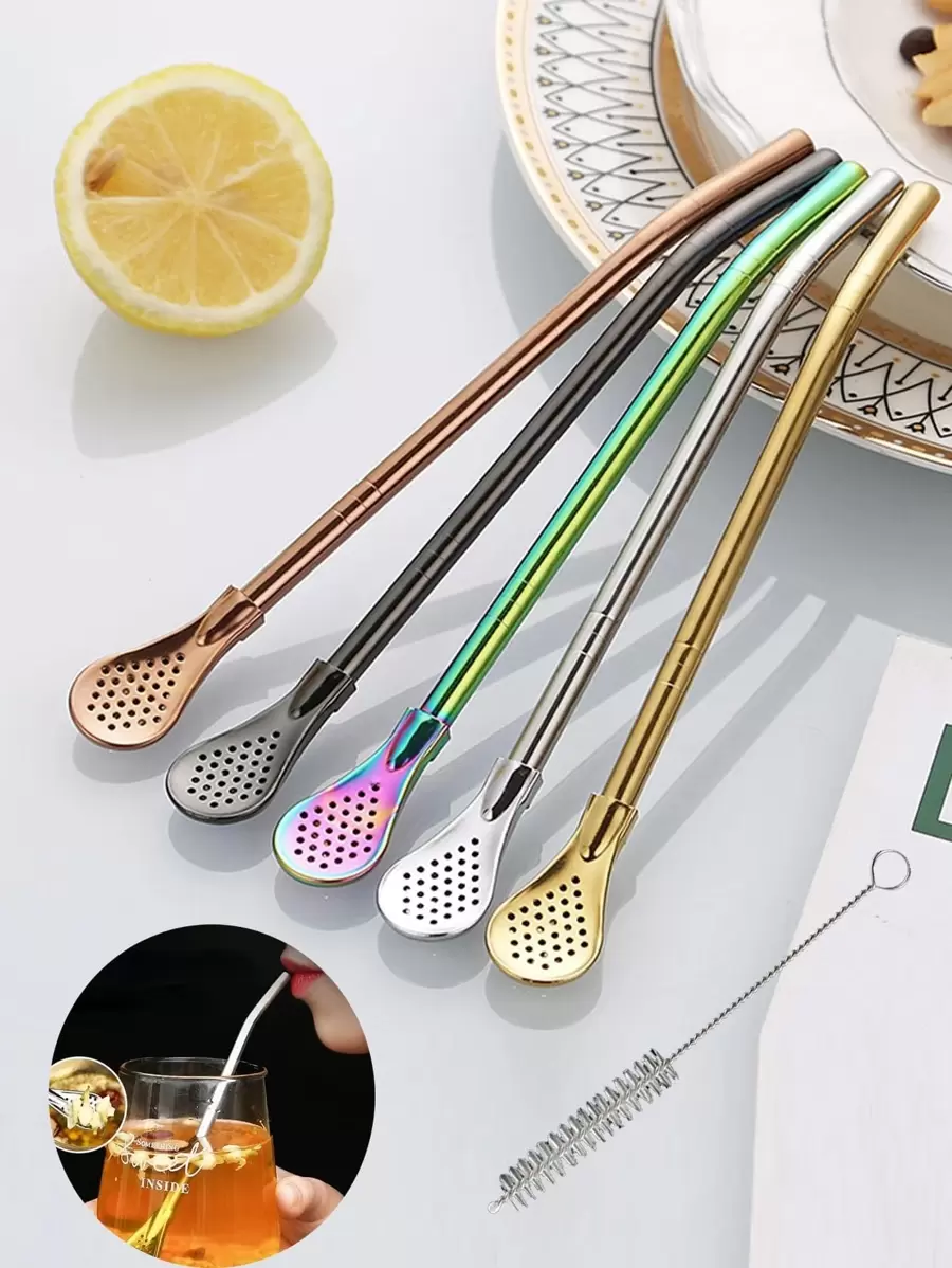 1 set de pailles en acier inoxydable réutilisables, avec 1 pièce de cuillère-filtre et 1 pièce de brosse de nettoyage. Paille de 7,2 pouces de long pour boire du thé, des boissons, du jus de fruits. Cadeau de Noël de vaisselle