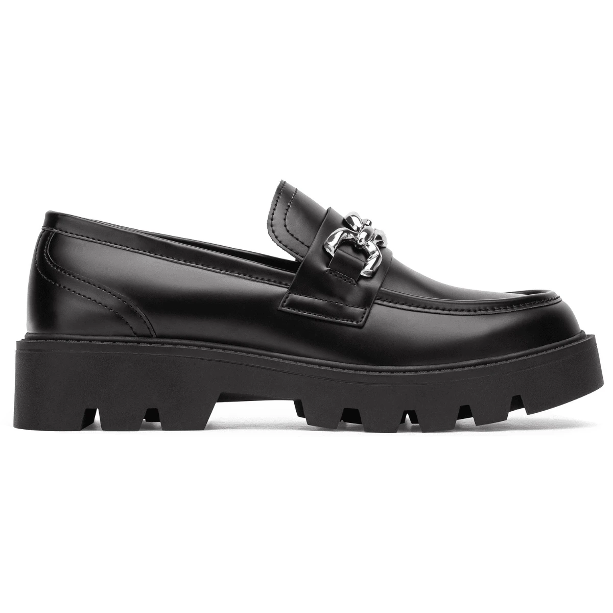 Women's 8081 Chunky Heel Casual Loafers Fashion Slip On Shoes Round Toe with Chain