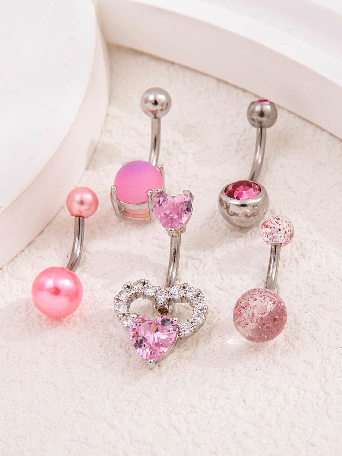 5pcs/Set Stainless Steel Sparkling Ball, Faux Pearl, Cubic Zirconia Decor Heart Shape Belly Button Rings In Pink Color