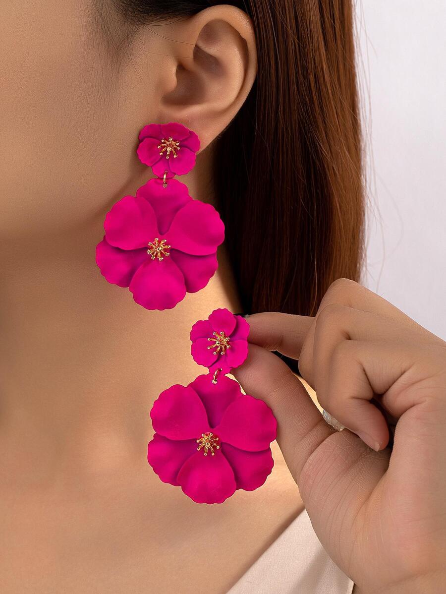 1pair Asymmetrical Multilayer Colorful Flower Shaped Metal Drop Earrings, Perfect For Dates And Gifting Valentines,Mom,Mother,Mother's Day,Gift