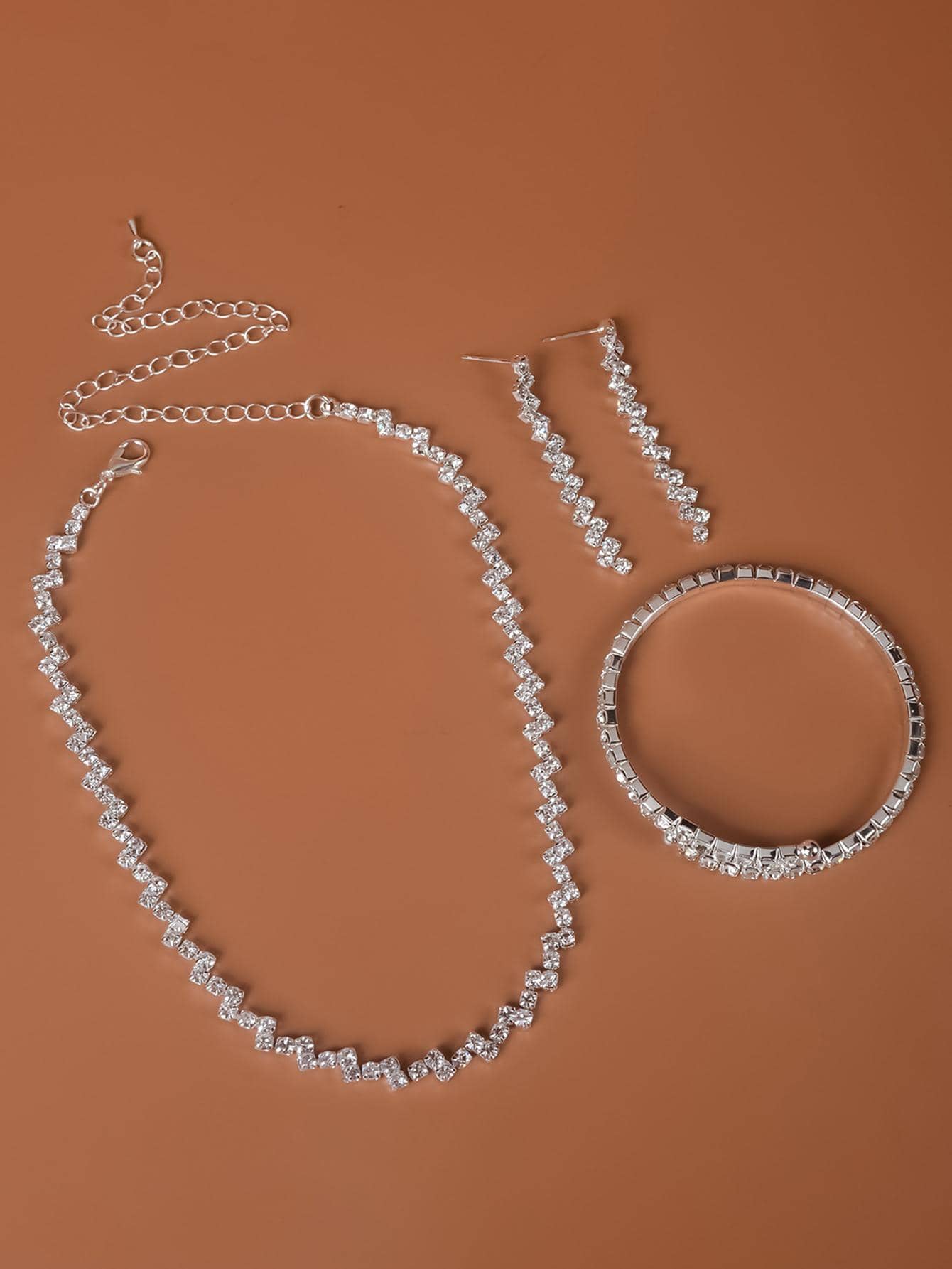 1 pieza con diseño de diamante de imitación Pulsera & 1 pieza Collar & 1 par Pendientes