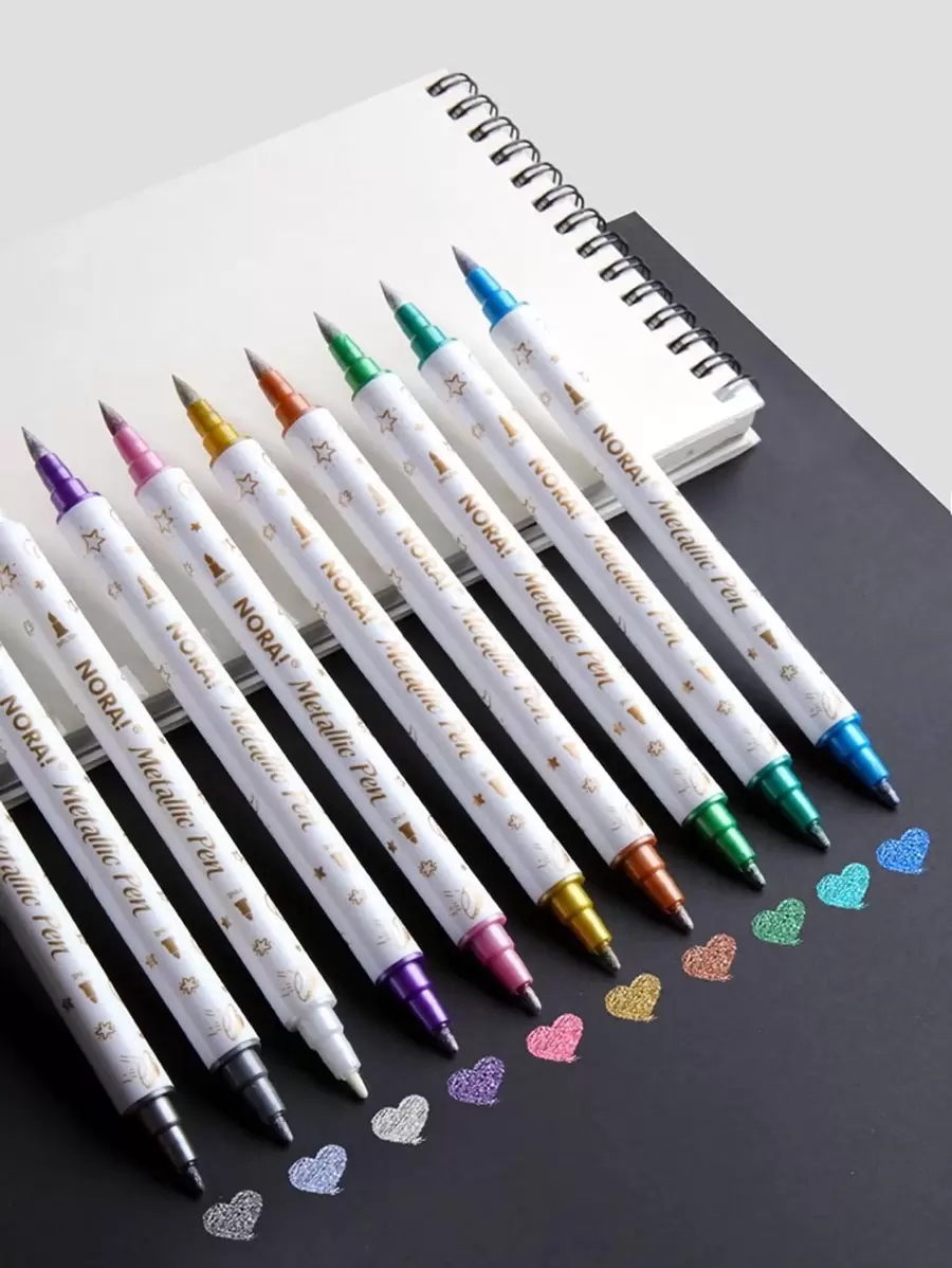 10 Pcs Metallic Marker Pens Dual Tip Brush And Fine Point Pens For DIY Album, Black Cards, Scrapbooking, Craft Supplies, On Ceramic, Stone, Glass Back To School
