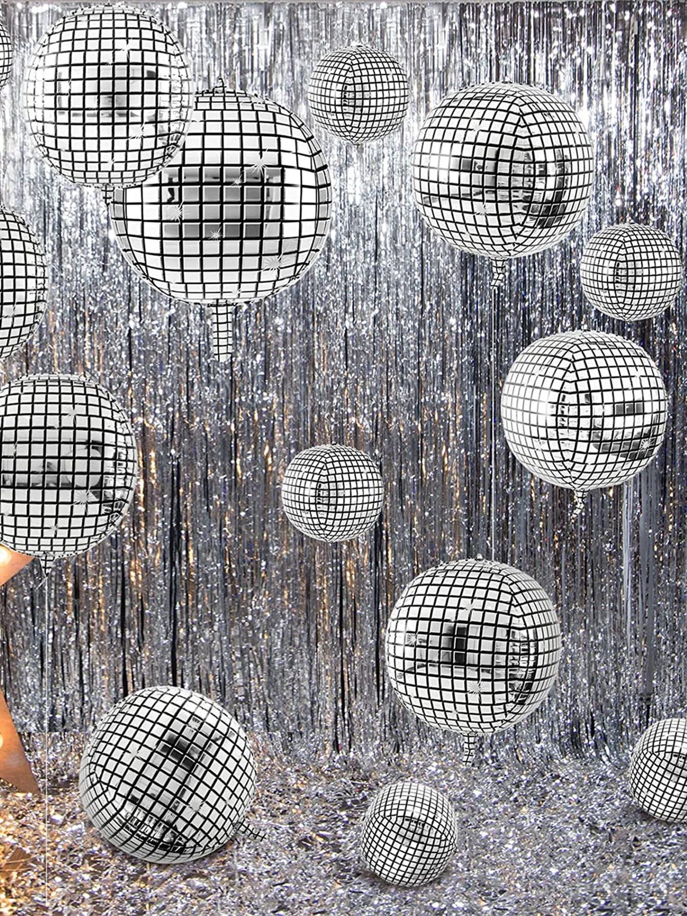 14Pcs Disco Balloons Ball Different Sizes 10/18/22Inch Disco Foil Balloons with Tinsel Silver