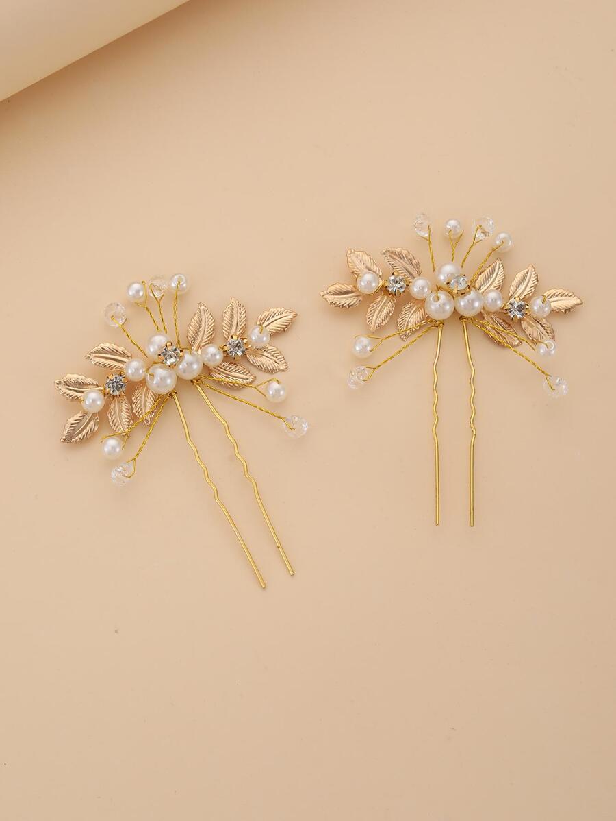 2pcs Women Faux Pearl & Leaf Decor Fashionable Hair Pin For Hair Decoration Elegant,Crown Hair Combs Combs For Hair Side Comb