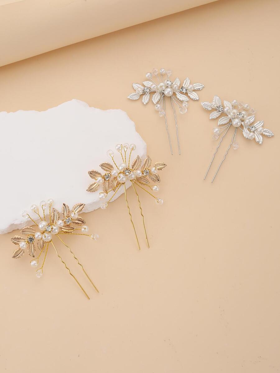 4pcs Women Faux Pearl & Leaf Decor Fashionable Hair Pin For Hair Decoration Elegant Hair Combs Combs For Hair Side Comb