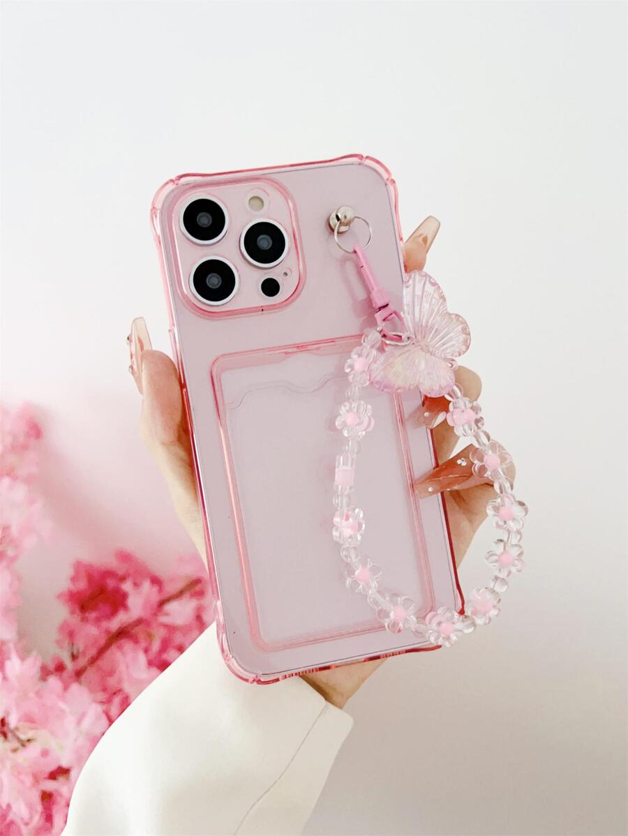 Pink Anti-Drop Card Slot Butterfly & Flower Lanyard Phone Case For IPhone 16/16 Pro/16 Pro Max/16 Plus, Galaxy A26 5G, A56 5G, S24 FE, A24 5G A16, S25, S25 Plus, S25 Ultra, A34, A06, S23 FE, 16e