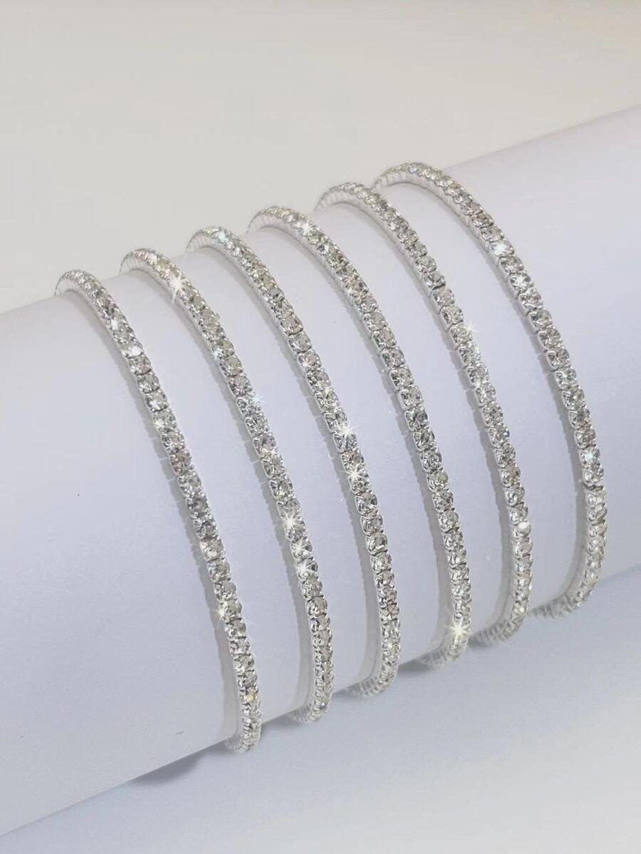 6pcs Women's Ultra-Thin 2mm Crystal Diamond Elastic Bracelets, Transparent White Diamond Silver Color Bracelet, Shiny Cubic Zirconia Embedded, Fashion For Party & Holiday