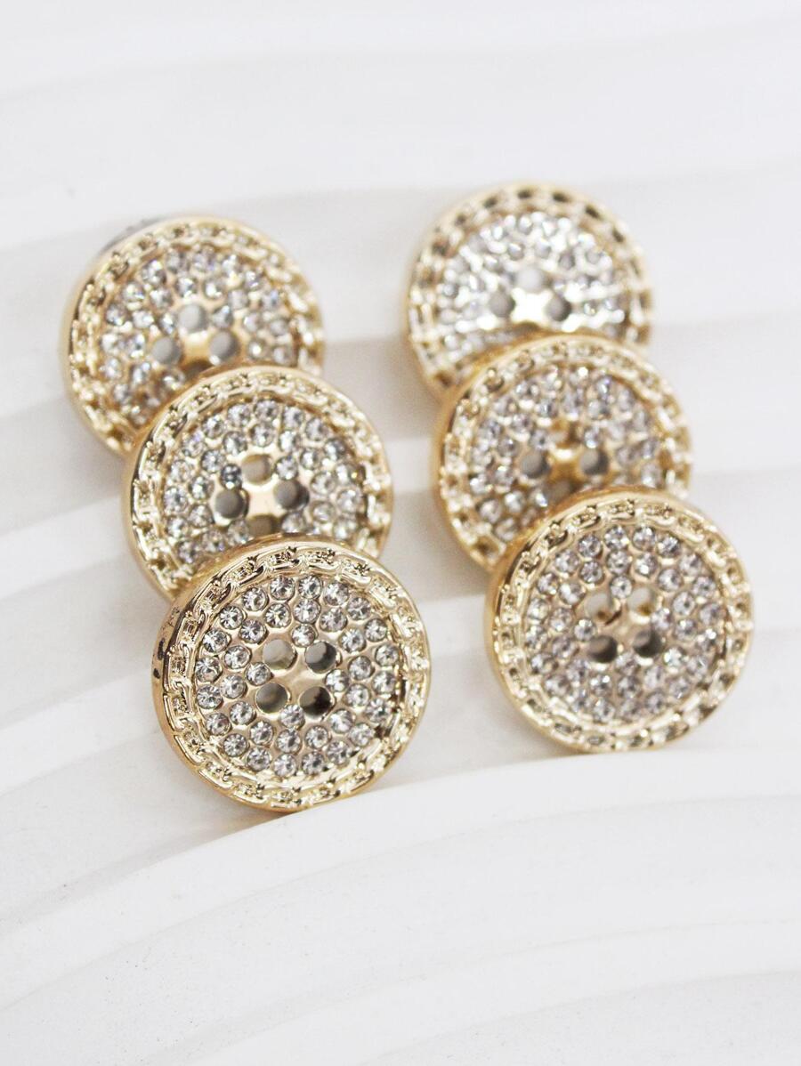 6pcs Sparkling Round 4-hole Gold Tone Rhinestone Embellished Buttons For Clothing, Suits