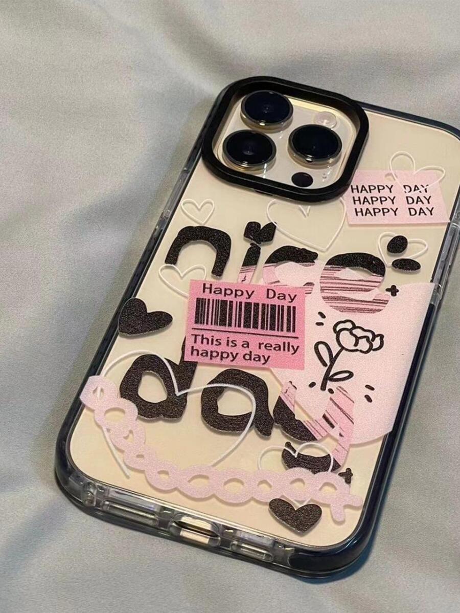 Valentines Compatible With IPhone 16/16 Pro/16 Pro Max/16 Plus Fashionable Graffiti English Letter Black Border Protective Phone Case