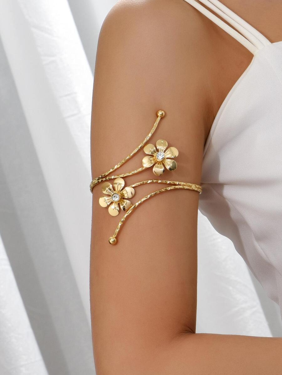 1 pieza Brazalete tipo brazalete con decoración de flor metálica y rhinestone, adecuado para uso diario, combina con vestidos formales, fiestas en la playa y festivales de música, etc. San Valentín, Mamá, Madre, Día de la Madre, Regalo