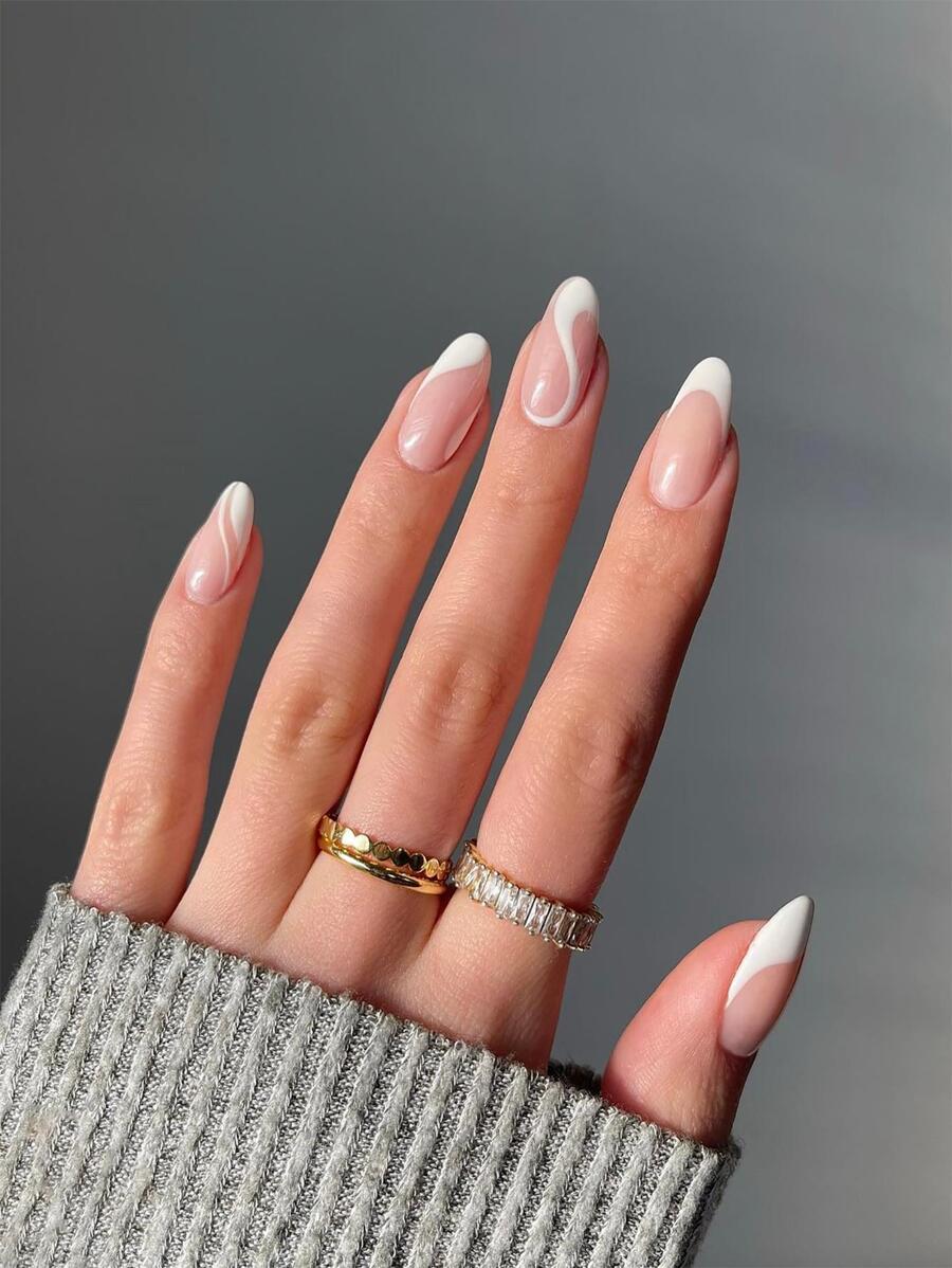 Upgrade Your Look With 24pcs French Style Swirl Long Almond Full Cover Fake Nail Press On Nails Manicure Kit Nail Supplies