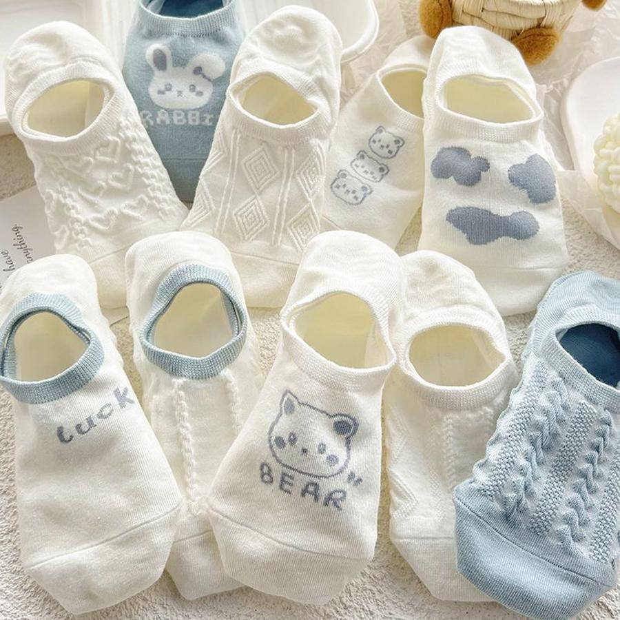 5pairs Women Cartoon Bear Head & Letter Graphic Non-slip Cute Invisible Socks For Daily Life