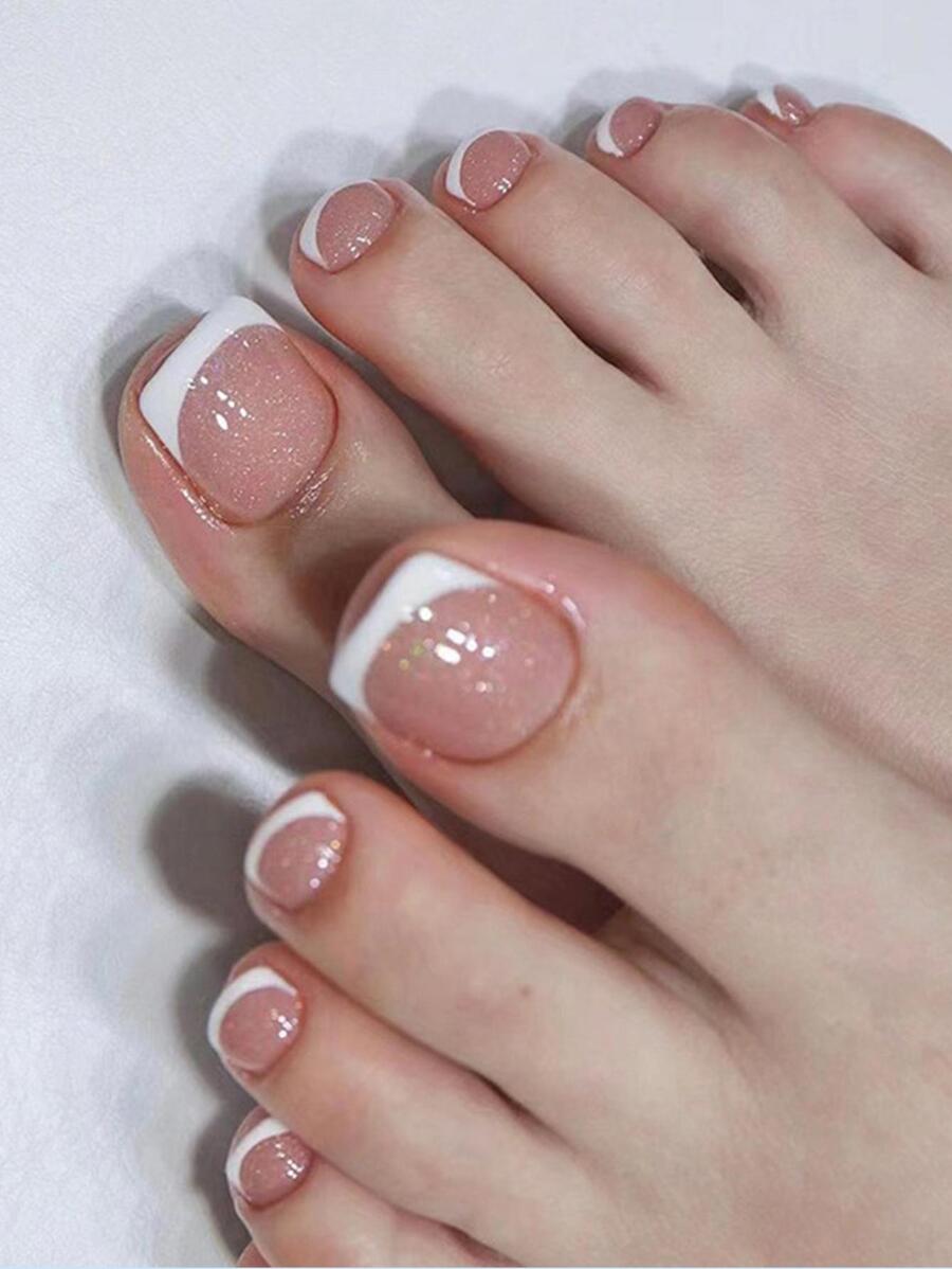 Upgrade Your Look With 24pcs Short Square French Style Glitter Full Cover Fake Toenail Kit Press On Nails Nail Supplies